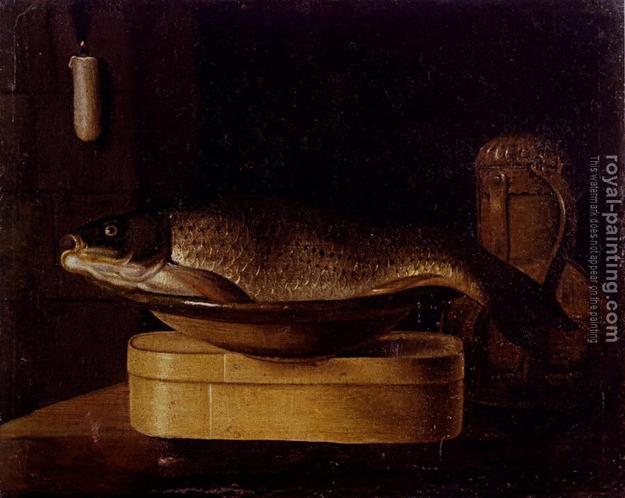 Sebastien Stoskopff : Still Life Of A carp In A Bowl Placed On A Wooden Box